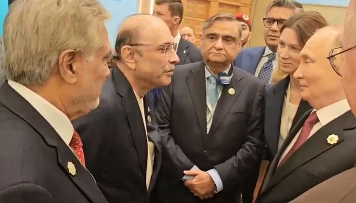 President Asif Ali Zardari (second left) interacts with his Russian counterpart Vladimir Putin (second from right) on the sidelines of international forum on “Interrelation of Times and Civilizations- Basis for Peace and Development”in Ashgabat, Turkmenistan on October 11, 2024. — State media