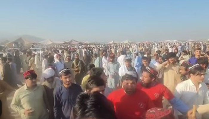 A large crowd can be seen at the PTMs Pashtun Qaumi Jirga being held on the boundary of Peshawar and Khyber districts on October 11, 2024. — Screengrab via Facebook/@PTMupdates