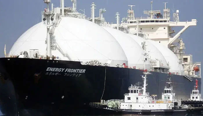 A representational image showing an aerial view of an LNG carrying ship at sea. — AFP/File