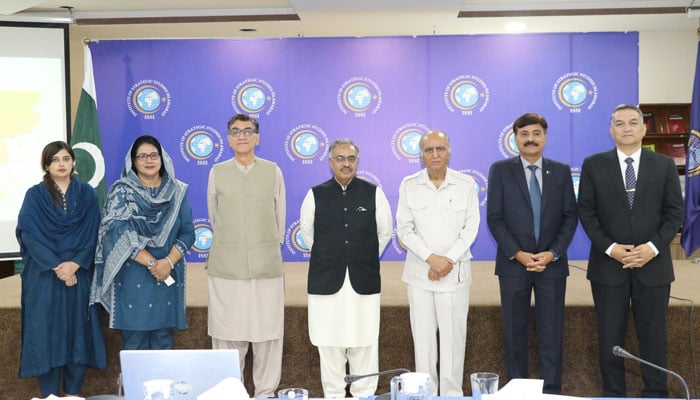 Participants pose for a group photo at a roundtable discussion on SCO: a catalyst for regional integration and connectivity organised by the Institute of Strategic Studies (ISS) on October 11, 2024. — Facebook/Institute of Strategic Studies Islamabad