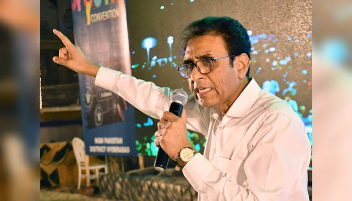 MQM-Pakistan Chairman Dr Khalid Maqbool Siddiqui addresses the participants of the Youth Convention at Mustafa Ground in Hyderabad on October 12, 2024.  Facebook/Dr. Khalid Maqbool Siddiqui