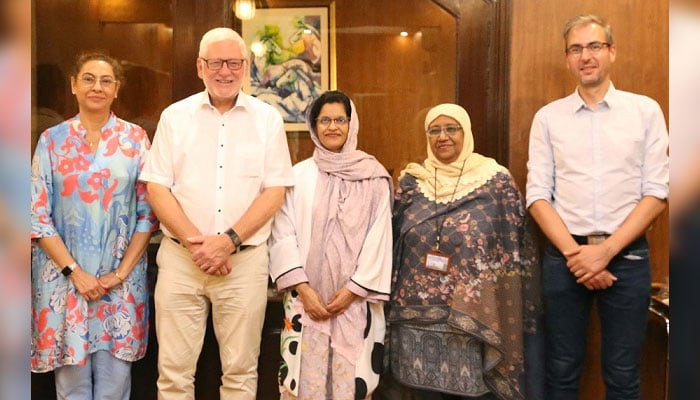 A delegation of German scientists poses for a photo during visits to the International Centre for Chemical and Biological Sciences (ICCBS) at Karachi University (KU) on October 12, 2024. — Facebook/Iccbs Uok