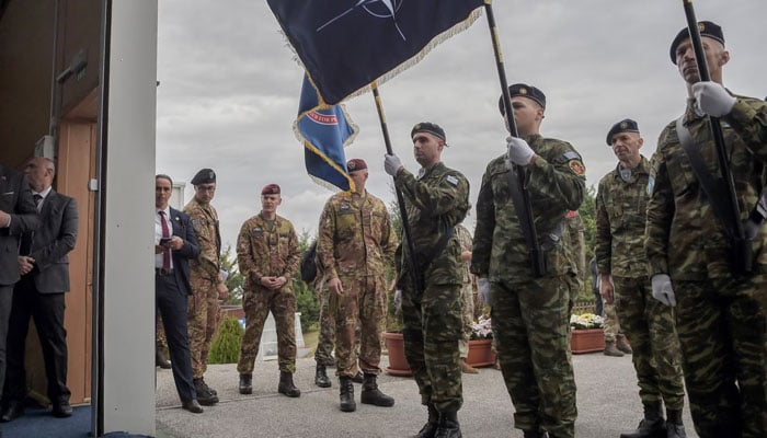 Members of the NATO-led peacekeepers in Kosovo attend the change-of-command ceremony in Pristina on Oct. 11, 2024. — AFP