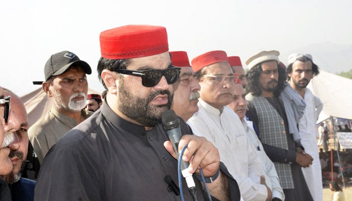 Awami National Party (ANP) President Senator Aimal Wali Khan addresses Pashtun Qaumi Jirga organised under the banner of Pashtun Tahaffuz Movement in Jamrud in Khyber district on October 14, 2024. — Facebook/Awami National Party