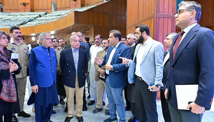 Prime Minister Shehbaz Sharif visits the Jinnah Convention Centre to review the arrangements for the upcoming Shanghai Cooperation Organisation (SCO) Council of Heads of Government, on Oct 12, 2024. — PID