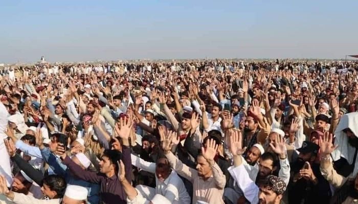 People attend Pashtun Qaumi Jirga organised by PTM in this image released on October 10, 2024. — Fadebook/@PTMKarachiOfficial