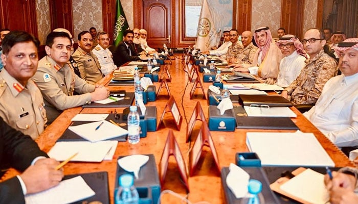 The image shows the 7th meeting of the Pakistan-KSA Bilateral Defence Industrial Forum was held in Riyadh, KSA on 10 October 24. — Facebook/ISPROfficial1