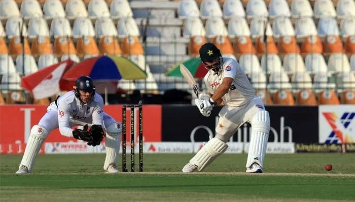 Aamer Jamal in action as wicket-keeper Jamie Smith looks on during first Test between Pakistan and England at Multan Cricket Stadium, October 10, 2024. — Reuters