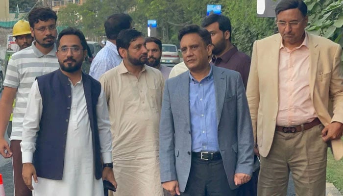 Lahore Development Authority (LDA) Director General (DG) Tahir Farooq ( from right to left) along LDA team reviews and inspects the ongoing repairs work at Canal Road on October 10, 2024. — Facebook/Lahore Development Authority