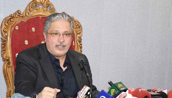 Pakistan Muslim League (PMLN) local leader Ikhtiar Wali Khan addresses at a press conference. — APP/File