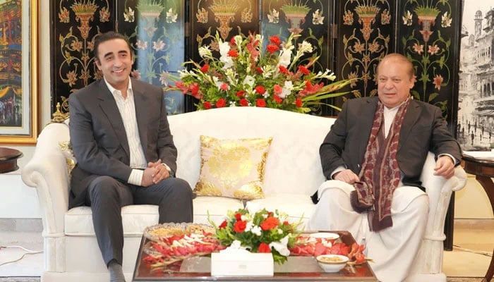 PPP Chairman Bilawal Bhutto-Zardari (left) meets PML-N President Nawaz Sharif at Punjab House, Islamabad, October 10, 2024. — X/@MediaCellPPP