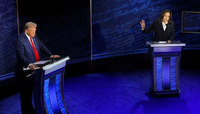 Democratic presidential nominee and US Vice President Kamala Harris, speaks during a presidential debate as Republican presidential nominee, former US President Donald Trump, listens, in Philadelphia, Pennsylvania, US, September 10, 2024. — Reuters