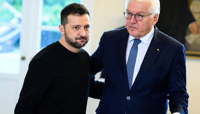 German President Frank-Walter Steinmeier welcomes Ukrainian President Volodymyr Zelensky as he arrives for a visit at the presidential Bellevue Palace in Berlin on October 11, 2024. — AFP