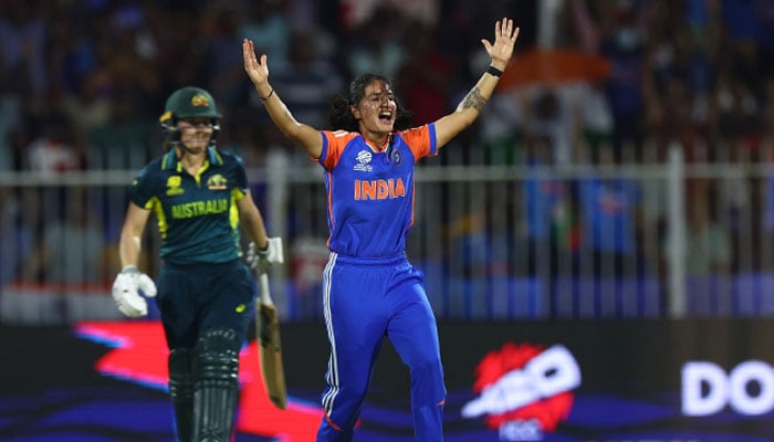 An Indian bowler reacts during their match against Australia in Womens T20 World Cup on October 13, 2024. — Facebook/@T20WorldCup