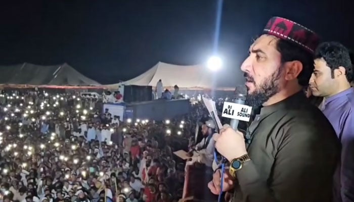 Pashtun Tahaffuz Movement (PTM) chief Manzoor Pashteen addresses at the three-day Jirga on October 13, 2024. — Screengrab via Facebook/Manzoor Ahmad Pashteen