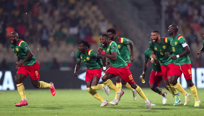 Cameroon players celebrate after winning the penalty shoot-out. — Reuters/file