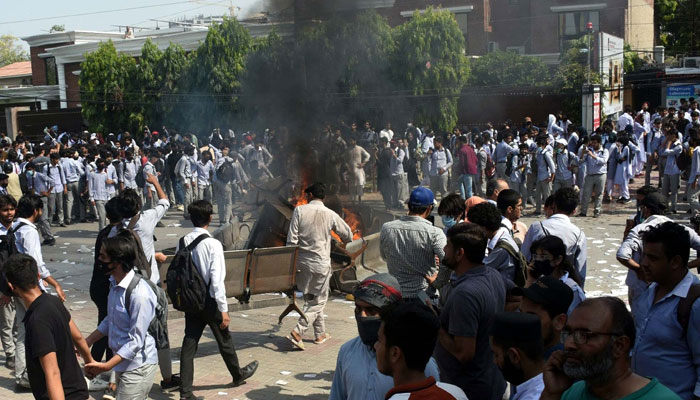 Students of a private College hold a protest demonstration against the alleged rape of a female student by a non-teaching staff member in college premises, at the  Gulberg campus in Lahore on October 14, 2024. — PPI Images