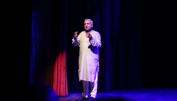 Journalist and art critic Peerzada Salman speaks on a stage production ‘Hamlet Ki Khudkalami’ organised by the Arts Council of Pakistan on October 14, 2024. — Facebook/Arts Council of Pakistan Karach