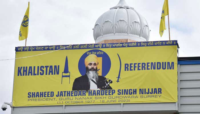 An image of former Gurdwara President Jathedar Hardeep Singh Nijjar is displayed at the Guru Nanak Sikh Gurdwara temple in Surrey, British Columbia, Canada, on September 19, 2023. — AFP