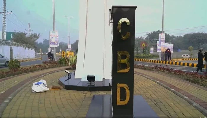 The screenshot of a Facebook video released on Dec 29, 2023, shows the CBD sign erected while Captain Karnal Sher Khan Shaheed Flyover was being inaugurated in Lahore. — Facebook/CBDPunjab