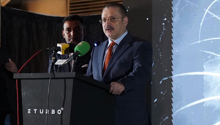 Sindh minister Sharjeel Inam Memon addressing an event organised by eTurbo on Oct 16, 2024. — Facebook/SharjeelInamMemon63