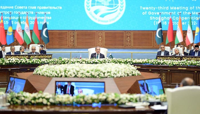 Prime Minister Shehbaz Sharif addresses the 23rd SCO Heads of Government meeting in Islamabad on Oct 16, 2024. — PID