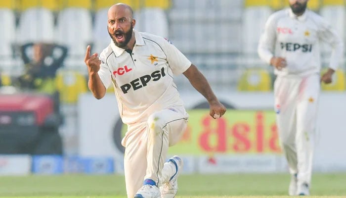 Sajid Khan celebrates after taking a wicket against England on day 2 of the second Test at Multan Cricket Stadium on October 16, 2024. — PCB