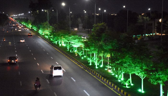 A view of trees decorated with colourful lights on a green belt along Islamabad Highway ahead of the Shanghai Cooperation Organization (SCO) Summit, in Islamabad on October 14, 2024. — Online