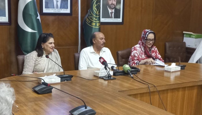 Chairperson Benazir Income Support Program Rubina Khalid (left) and Chairman Public Accounts Committee Sindh Assembly Nisar Ahmed Khuhro ( 2nd left) jointly chair a meeting at the Sindh Assembly building on October 15, 2024. — Facebook/BISP Pakistan