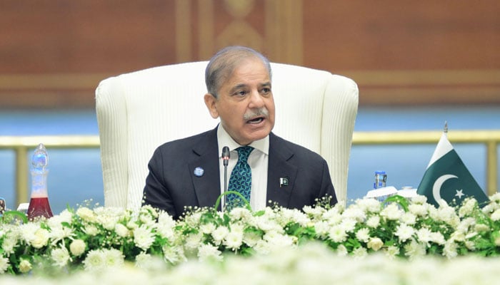 Prime Minister Shehbaz Sharif addresses the 23rd meeting of the Council of Heads of Government (CHG) of the member states of Shanghai Cooperation Organization (SCO) on Oct 16, 2024. — PID