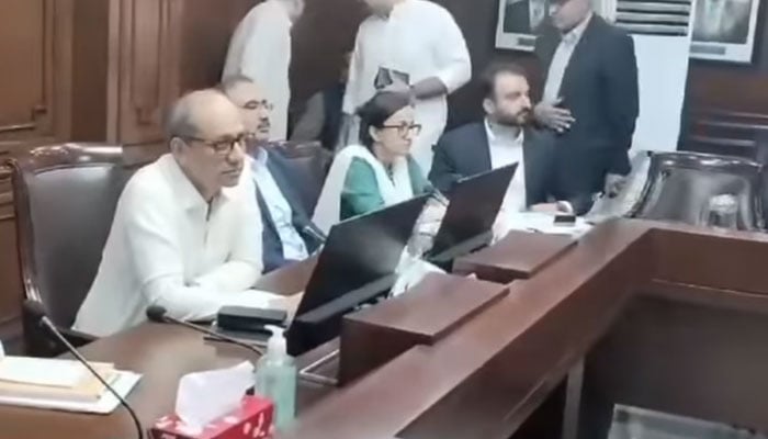 Sindh Local Government Minister Saeed Ghani presides over  the meeting of the municipal commissioners of the Karachi Metropolitan Corporation and towns in Karachi on October 16, 2024. — Screengrab via Facebook/Saeed Ghani