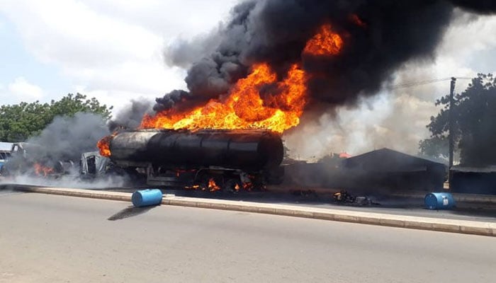 The representational image shows a tanker on fire.  — AFP/File