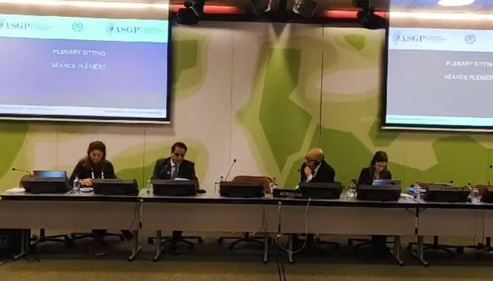 Special Secretary of the Senate, Hafeezullah Sheikh (2nd left) speaks at the Association of Secretaries General of Parliaments’ (ASGP) Autumn Session in Geneva, Switzerland on October 15, 2024. — Screengrab via Facebook/Senate of Pakistan