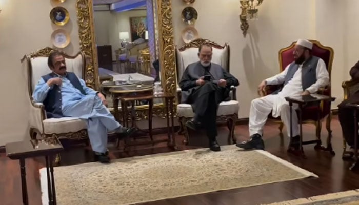 A PHM delegation meets with Special Assistant to Prime Minister Rana Sanaullah (left) on October 16, 2024. — Screengrab via Facebook/Sardar Muhammad Yousaf