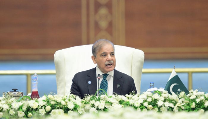 PM Shehbaz addressing the Shanghai Cooperation Organisation (SCO) Council of Heads of government meeting in Islamabad on Oct 16, 2024. — PID