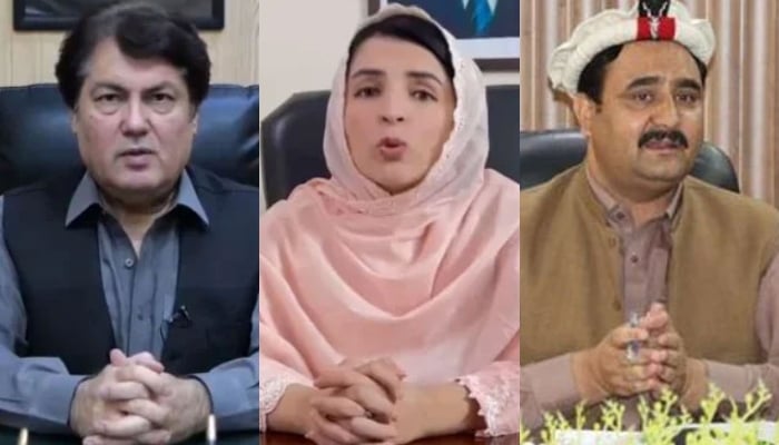 This collage of images shows, PTI leaders Adviser to KP Chief Minister on Information Barrister Muhammad Ali Saif (left), Mashal Yousafzai (centre) and Wazir Zada (right). —  X/ @BaristerDrSaif/@AkMashalFacebook/Wazir Zada/File