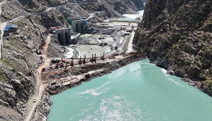 An aerial view of under-construction Dasu Hydropower Project. — X/@wapda_pr/File