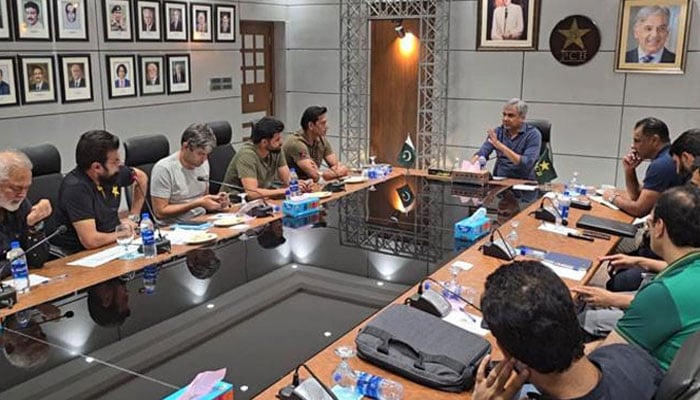 PCB Chairman Mohsin Naqvi presides over a meeting in this image released on October 13, 2024. — Reporter