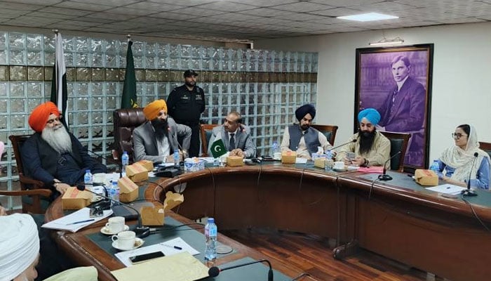 Minister for Minorities Affairs Sardar Ramesh Singh Arora chairs a meeting at Evacuee Trust Property Board (ETPB) to review arrangements for the 555th birthday celebrations of Baba Guru Nanak Dev Ji, image released on October 16, 2024. — Facebook/Sardar Ramesh Singh Arora