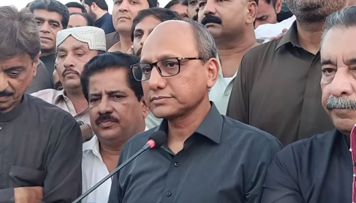 Sindh Local Government Minister Saeed Ghani speaks to the media during his visit to the Karsaz monument on October 17, 2024. — Screengrab via Facebook/Saeed Ghani