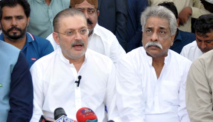 Sindh Information Minister Sharjeel Inam Memon talks to media persons after reviewing the arrangement works for the public gathering meeting of the PPP, in Hyderabad on October 17, 2024. — PPI