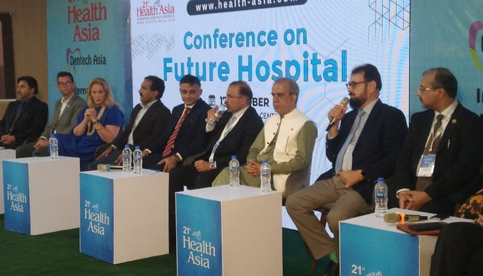 Participant speaks during the “Future Hospital” conference during the 21st Health-Asia International Exhibition and Conference at Expo Center Karachi on October 17, 2024. — Facebook/Exhibitors TV Network