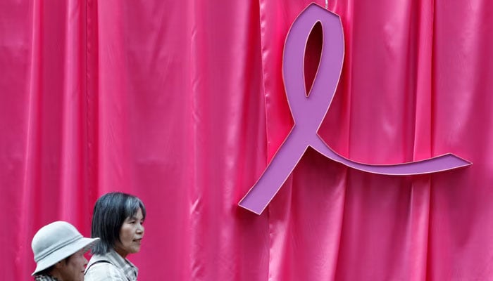 Representational image shows visitors walking past a sculpture of a pink ribbon installed to promote the Pink Ribbon breast cancer awareness campaign in this illustration, on October 5, 2011. — Reuters