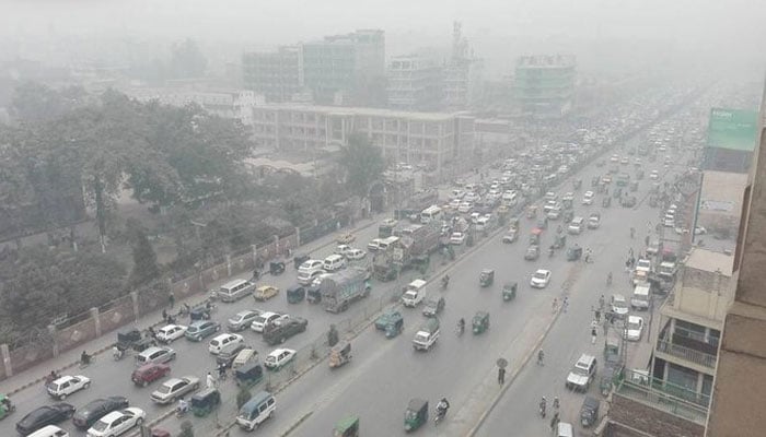 Peshawar pictured with air pollution on November 23, 2016. — X@IftikharFirdous