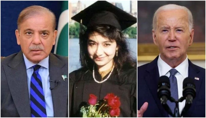 (From left to right) PM Shehbaz Sharif, incarcerated Pakistani doctor Aafia Siddiqui and US President Joe Biden. — Reuters/Facebook/Free Aafia Siddiqui/File