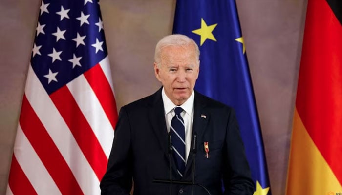 US President Joe Biden speaks during a ceremony to award him Germanys highest honour, the Grand Cross of the Order of Merit for special achievements, by President Frank-Walter Steinmeier (not pictured) at Bellevue Palace in Berlin, Germany, Oct 18, 2024. — Reuters