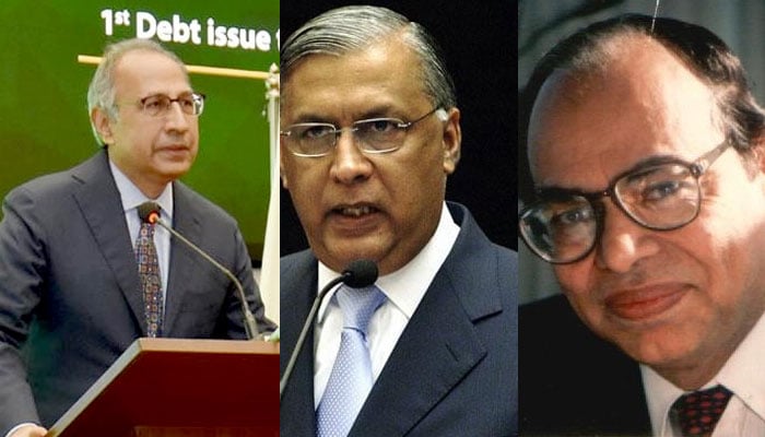 The collage shows former finance ministers — (from left) Hafeez Sheikh, Shaukat Aziz and Dr Mahbubul Haq. — APP/Files