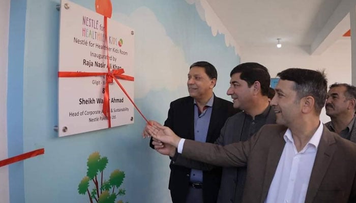 Minister of Planning & Development for GB Raja Nasir Ali Khan inaugurates the Nestle for Healthier Kids (N4HK) room at the Government Primary Boys School in Shigar. — Facebook@ ministertourismrajanasir