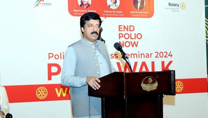 Governor Sardar Saleem Haider Khan addresses the polio awareness seminar organised by the Rotary Club of Lahore City at Governor House on October 18, 2024. — Facebook@Sardar Saleem Haider Khan