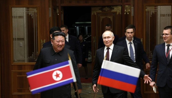 North Korea’s Kim Jong Un (left) and Russian President Vladimir Putin. — Kremlin website/File